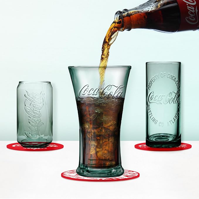 Coca-Cola Set of 3 Different Vintage Style Coke Glasses With Coasters Gift Set