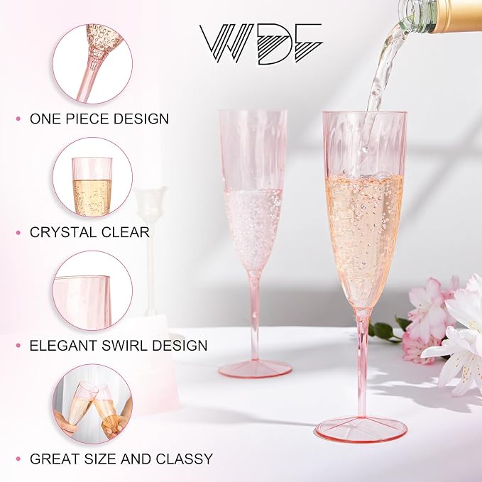 WDF 36PCS Pink Champagne Flutes Plastic - 6OZ Pink Disposable Champagne Flutes Party Supplies for Birthday Parties Baby Shower Wedding Spring