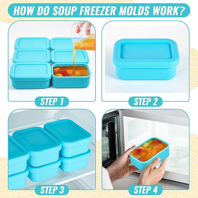 Teenyyou 6 Packs 1 Cup Silicone Soup Freezer Molds with Lid Silicone Soup Freezer Trays Rectangle Reusable Food Preserving Tray Freezing Sauces Stews(Lake Blue)
