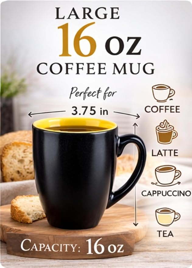 GBhome 16oz Coffee Mugs Set of 6, Large Ceramic Coffee Mugs for Man, Woman, Dad, Mom, Modern Coffee Mugs Set with handle for Tea/Latte/Cappuccino/Milk/Cocoa. Dishwasher&Microwave Safe,Yellow