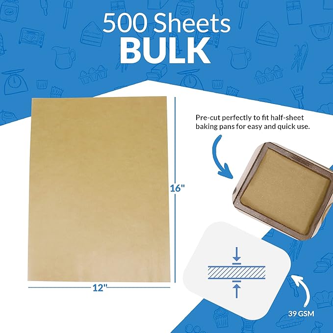 Reli. 500 Pcs Parchment Paper Sheets, Bulk | 12x16 in. | Brown Parchment Sheets, Baking Paper | Non-Stick, Pre-Cut Pan Liners | Brown | Disposable for Baking, Air Fryer, Grilling