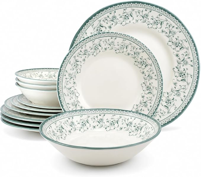 Tudor Royal 12-Piece Round Porcelain Dinnerware Set, Service for 4 - Aster Green Design, Multicolor Floral, Plates Bowls Mugs Dishes, Premium Quality Tableware, Unique Pattern, Glossy