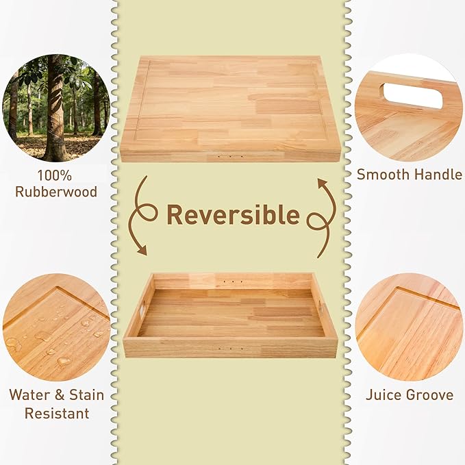 Rubberwood Stove Cover for Gas & Electric Burners, 28.82”x20.83”x2.12'' (Inner) Noodle Board with Handles, Cutting Board with Juice Groove, Serving Tray (Natural Rubberwood)