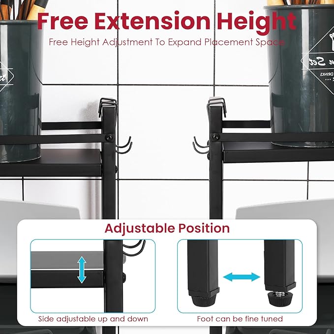 upgrade Stove Top Shelf，Over the Stove Spice Shelf for Kitchen,Spice Rack Shelf with 4 hooks Extra Storage Countertop, Seasoning Organizer,Kitchen Organizers and Storage (Black)