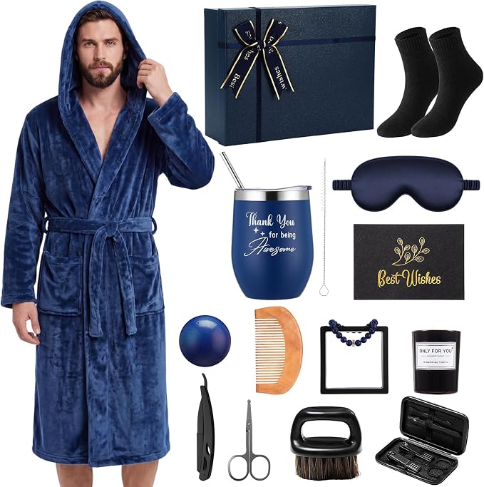 Nuogo 15 Pcs Birthday Gifts for Men Beard Care Set for Him Dad Birthday Gifts Basket Ideas Kit for Men Tumbler Bath Robe for Father's Day Dad Husband Boyfriend Box(Hooded,Navy)