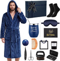 Nuogo 15 Pcs Birthday Gifts for Men Beard Care Set for Him Dad Birthday Gifts Basket Ideas Kit for Men Tumbler Bath Robe for Father's Day Dad Husband Boyfriend Box(Hooded,Navy)