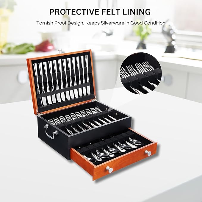 Silverware Storage Box, Wood Chest - without Cutlery - Tarnish Proof Felt Lined Storage Silver Chest, Store Sterling Silverware SilverTarnish Proof Flatware Hardware for 12 or 16 or more Utensil sets
