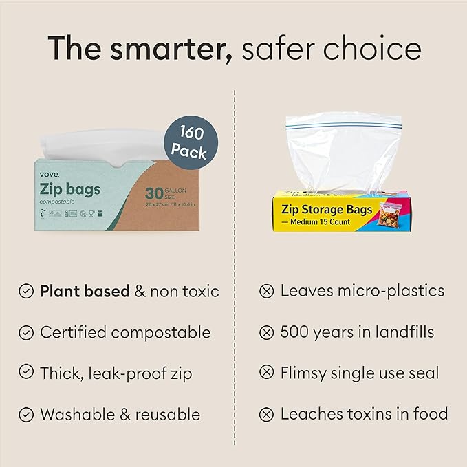Vove Compostable Storage Bags 160 Ct Multi-Size (S/M/L/XL) – PFAS-Free, BPI Certified, Freezer Safe with Airtight Seal for Food & Meal Prep, Plant-Based