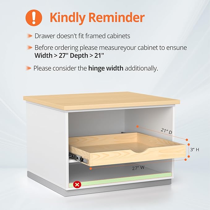 ZOINLIY 27''W X 21''D X 3''H Wooden Pull Out Drawer for Cabinet, Cabinet Organizer for Kitchen, Soft Close Slide Out Shelves, Heavy Duty, Fully Expandable - Bottom Mounting