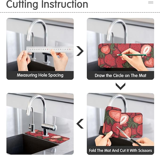 Kitchen Sink Splash Guard 2 PCS 30 Inch Sink Faucet Mat Splash Guard for Bathroom Countertop Water Absorbent Foldable Cuttable Soft Washable Cartoon Red Strawberry