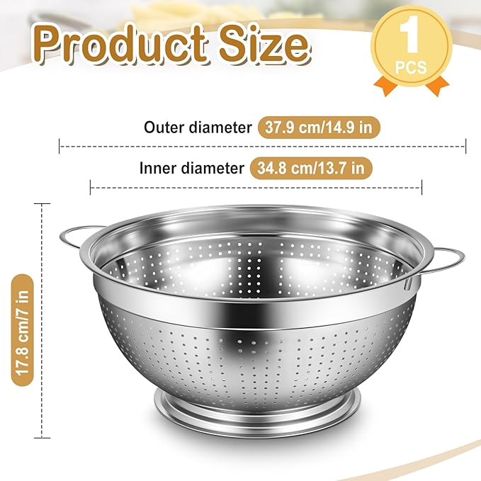 Maxdot 1 Pack 12 Quart Heavy Duty Stainless Steel Colander with Footed Base and Handles Pasta Spaghetti Berry Fruit Vegetable Kitchen Food Strainer Basket