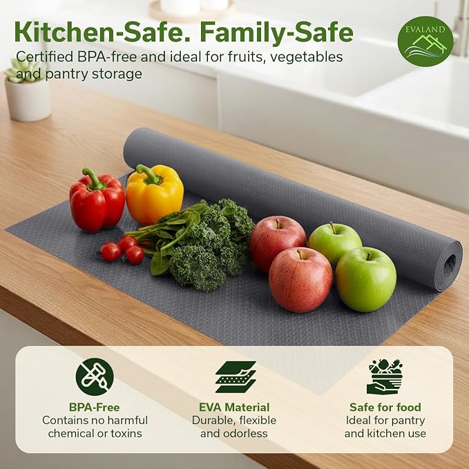 EVALAND Shelf Liners for Kitchen Cabinets Non-Adhesive 12" x 33 FT Grey Drawer Liner Non Slip, Washable Cabinet Liner, Waterproof Shelf Liners for Cabinets, Refrigerator Bathroom Pantry - Thickened