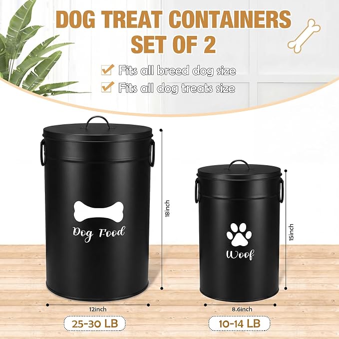 DoubleFill Extra Large 30+14 lb Metal Dog Food Storage Containers Set of 2 Black Airtight Dog Treat Snack Jars with Lids and Spoon Farm House Style Big Pet Cookie Storage Bin for Kitchen Counter Gift
