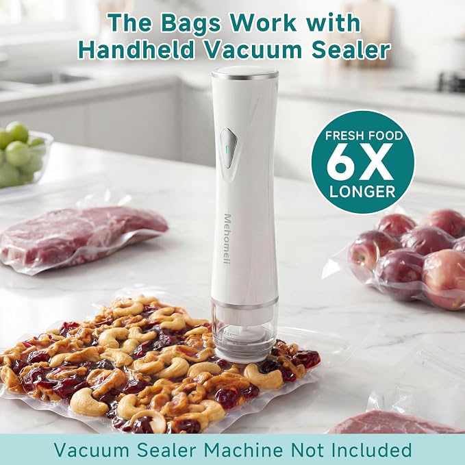 Mehomeli Reusable Vacuum Sealer Bags for Food – 30 BPA-Free Large (11.8 x 13.4in) Food Storage Bags, Freezer Microwave Safe, Odor-Resistant, Leak-Proof – Compatible with Handheld Vacuum Sealers