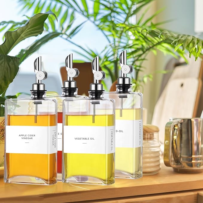 Reallnaive 4 Pcs Olive Oil Dispenser for Kitchen, Glass Olive Bottles Oil Seasoning Bottle Set Coffee Syrup Soy Sauce Dispenser(Silver,350 ml)