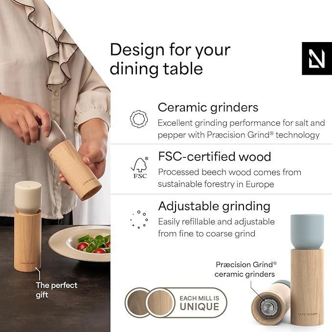LARS NYSØM Wooden Salt and Pepper Grinder Set Manual - Salt and Pepper Mills with Adjustable Ceramic Grinder - Elegant Beechwood Pepper and Salt Mill Set for Dining Table (Blue)