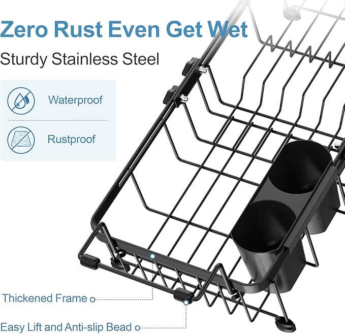 iSPECLE Small Sink Dish Drying Rack with Silicone Mat, 9" W Expandable Compact Rust Resistant Dish Drainer for RV Apartment Kitchen, Dish Rack with Lock Knob, Arms with Non Slip Rubber, Black