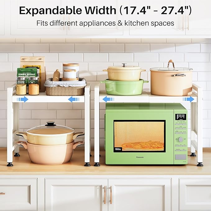Expandable Microwave Stand, 2-Tier Adjustable Microwave Oven Rack with 10 Hooks & 2 Holders, Heavy Duty Carbon Steel Microwave Shelf for Kitchen Counter Organizer and Storage, Holds 120lbs, White