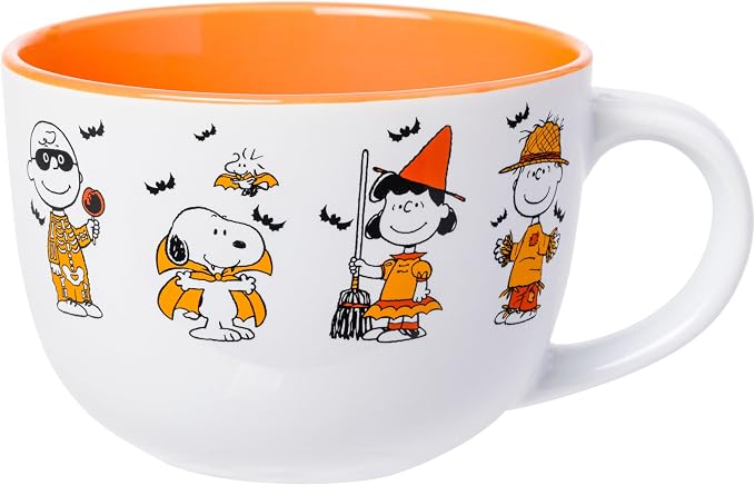 Silver Buffalo Peanuts Halloween Featuring Snoopy (Vampire), Woodstock (Vampire), Charlie Brown (Skeleton), Lucy (Witch), and Linus (Scarecrow) Ceramic Soup Mug, 24 Ounces