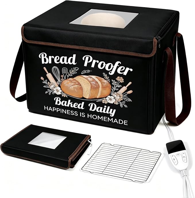 Folding Bread Proofing Box, 3-Sided Heating Dough Proofer with 50-113℉ Temp Control & Metal Rack, Bread Proofing Container for Home Baking, Pizza Dough, Sourdough Starter & Yogurt Making Black