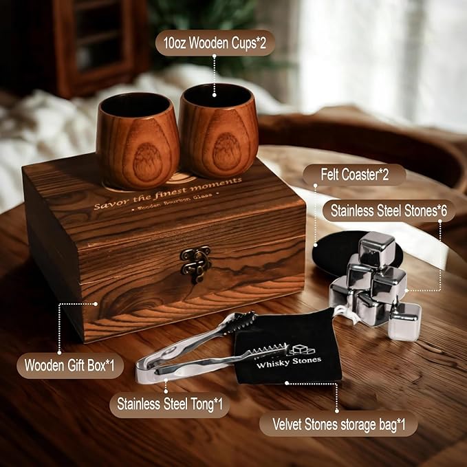 Charred Wooden Bourbon Drinking Glass, Bourbon Gifts for Men, Handcrafted Retirement Whiskey Glasses for Dad, Great Whiskey Gifts for Men, Perfect Presents for Boyfriend Father Friends, 2 Set Cube