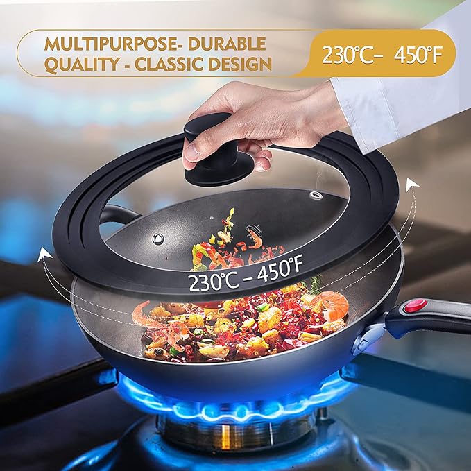 Ydeapi Universal Lid for Pots, Pans and Skillets, Pot Lid With Heat Resistant Silicone Rim and Tempered Glass, Fits 8", 8.5", 9.5" Diameter Pots and Pans