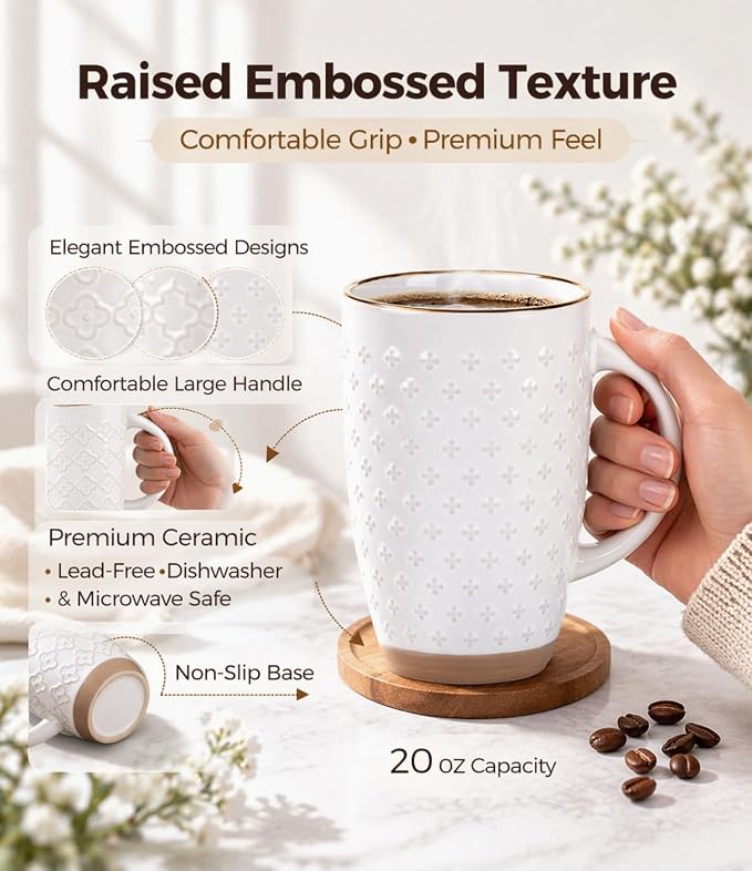 GBhome 20oz Large Coffee Mugs Set of 6, Handmade Tall Ceramic Coffee Mugs with Texture Patterns for Cappuccino, Latte,Hot Cocoa, Dishwasher & Microwave Safe-Off White