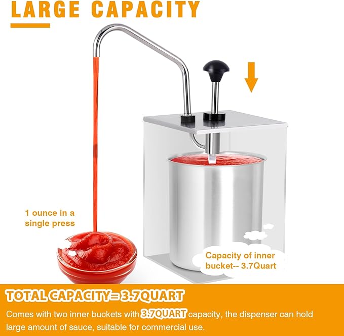 Stainless Steel Sauce Dispenser Pump Condiment Pump Dispenser 3.7Quart Condiment Pump Station for Ketchup Dressing Syrup