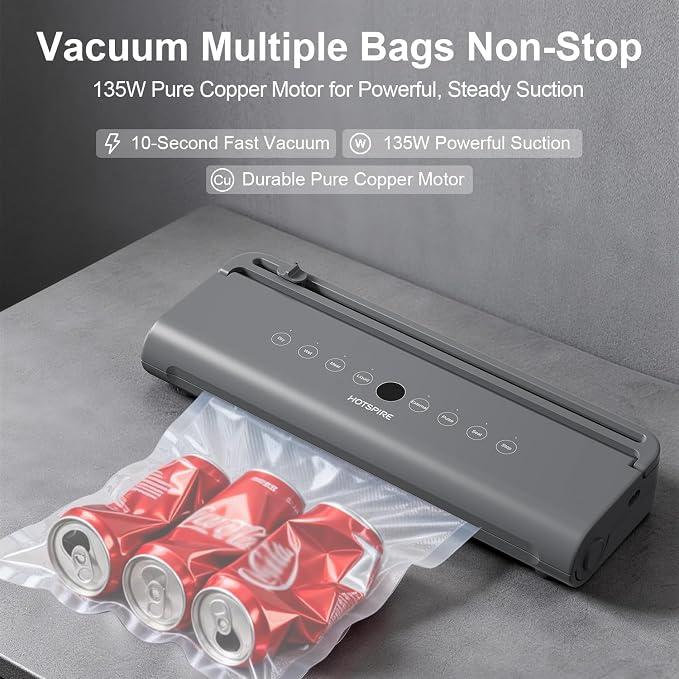 HOTSPIRE Food Vacuum Sealer Machine, Powerful & Continuous Vacuum Sealing for Kitchen Storage & Meal Prep, Wet & Dry Food Sealing, Detachable Upper & Lower Design for Easy Cleaning, Includes 50 Bags