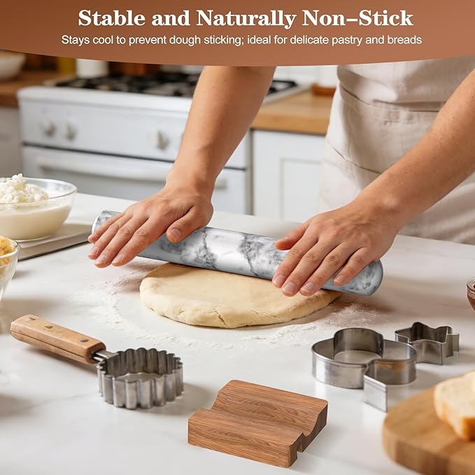 Marble Rolling Pin with Wooden Stand, FiiMan 12 Inch Heavy Rolling Pin for Dough, Stone French Polished Non-Stick Roller Pins For Baking Cookie Pizza Pastry (White)