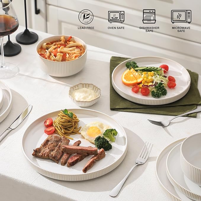 Frewinky Stoneware Dinnerware Sets for 4,12 Piece Kitchen Plates and Bowls Set,Reactive Glaze Porcelain Dinnerware Sets Scratch Resistant,Dishwasher and Microwave Safe, Cappuccino White