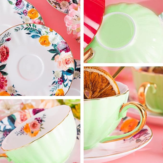 ONEUSTAR Tea Cup and Saucer Set for 1 Bone China Floral English Teacup 8 oz Coffee Cup for Women Tea Parties Birthday Christmas Gift, Light Green