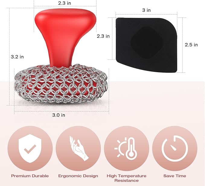 Cast Iron Scrubber | Dish Scrub Brush | 316 Cast Iron Cleaner Chainmail Scrubber Circle + Square 2PCS