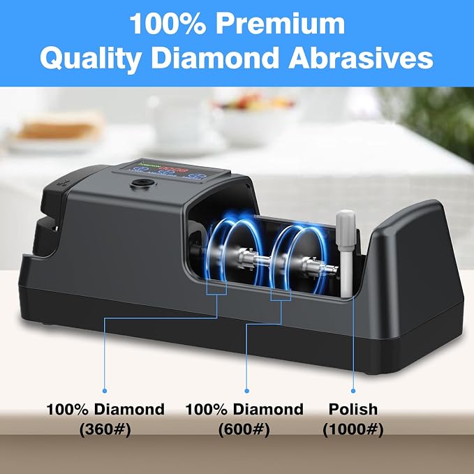5-in-1 Electric Knife Sharpener for Kitchen Knives, Scissor Sharpener with 3-Speed & 100% Diamond Abrasives-Quickly Sharpening for Straight, Serrated, Meat Cleaver, Ceramic Knives & Kitchen Knives