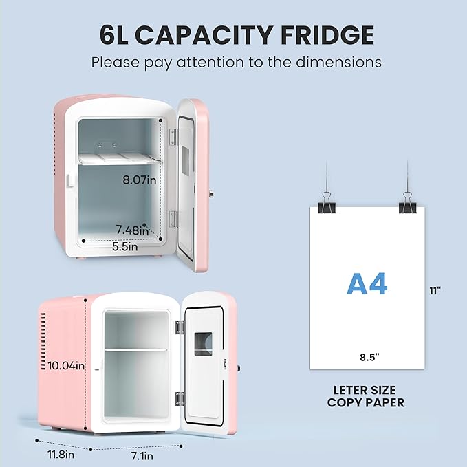 Simple Deluxe 6L/9 Can Mini Fridge with Observation Window, Portable Cooler & Warmer Freon-Free Small Refrigerator, Compact for Skincare, Beverage, Food, Cosmetics, Pink