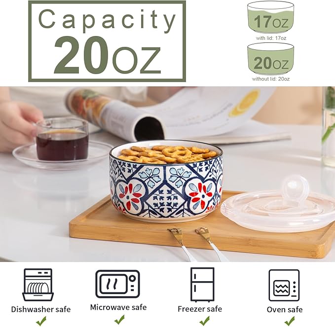 Ceramic Bowls Set with Lids: Set of 4 Microwave Safe Bowls for Soup Meal Prep Cereal Salad Fruit - Food Storage Containers with Lids for Work Lunch Pinic Camping - Pattern A2