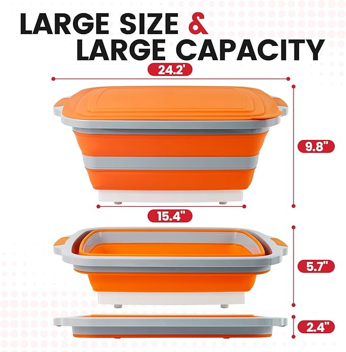 BBQ Prep Tub 3-IN-1 Large 30L Collapsible Cutting Board with Lid for Grill Meal Prep Marinating Food, Camping Sink with Colander, Dish Basin, Storage Blanket for Camping Picnic BBQ Grilling, Orange