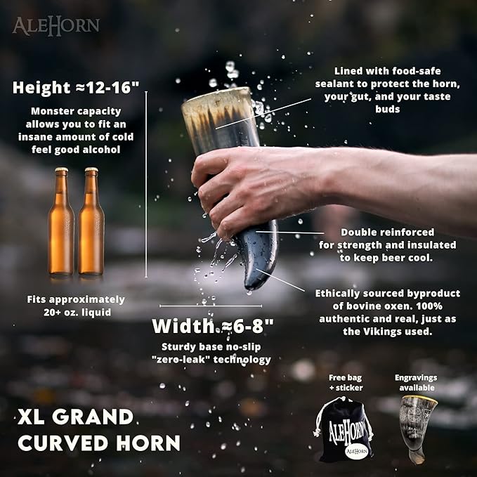 AleHorn Viking Drinking Horn with Stand – Handcrafted Natural Ox Horn Mead & Ale – Medieval Norse Display Cup for Home Bar Decor & Holiday Gifts for Men
