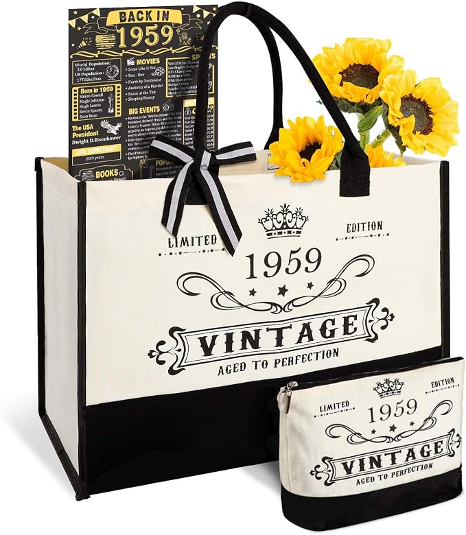 YeohJoy 67th Birthday Gifts for Women Canvas Tote Bag Travel Gear, Unique 67 Years Old Birthday Gifts for Mom Aunt Friends Wife Sister Her, Vintage 1959 Handbag & Cosmetic Bag & Back in 1959 Poster