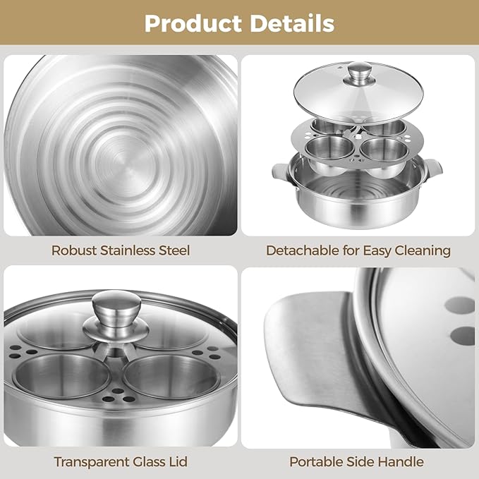 Stainless Steel Egg Poacher Pan - 4-Cup Nonstick Poached Egg Maker with Glass Lid, PFOA Free, Induction Cooktop Compatible for Breakfast Brunch, 8.7×2.6"