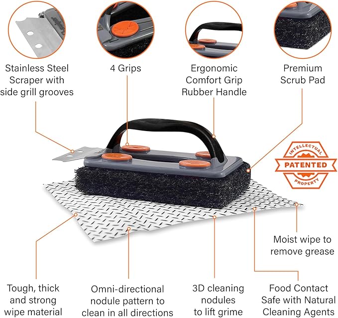Proud Grill Q-Swiper Grill Cleaner Set - Bristle & Wire-Free Brush with Scraper & 80 Moist Wipes - BBQ Smoker Cleaner Kit, Safe for Outdoor Griddle Grates, Grease & Grime Remover, BBQ Gift for Mom