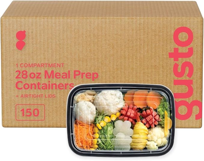 GUSTO [28 oz - Case of 150 1-Compartment Meal Prep Containers with Lids – Reusable, Microwaveable, Dishwasher & Freezer Safe, BPA-Free Food Storage Boxes for Portion Control (Formerly Comfy Package)