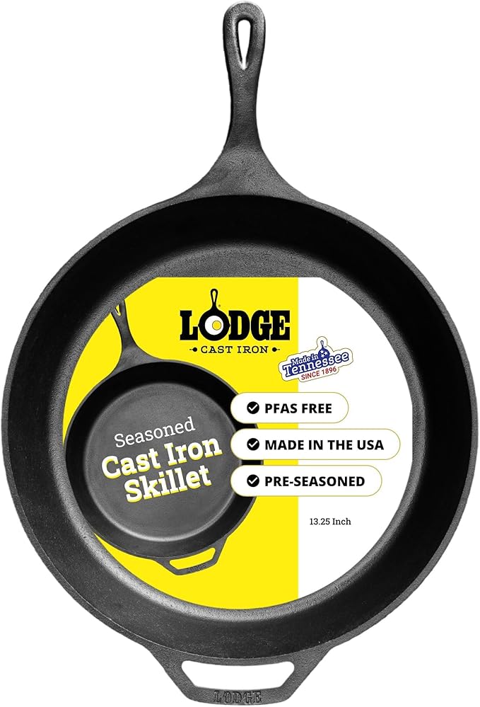 Lodge Seasoned Cast Iron Skillet - PFAS-Free, Non-Toxic Cookware - Use with an Oven, Stove, Grill, or Campfire - Naturally Non-Stick & Oven Safe - 13.25 Inches