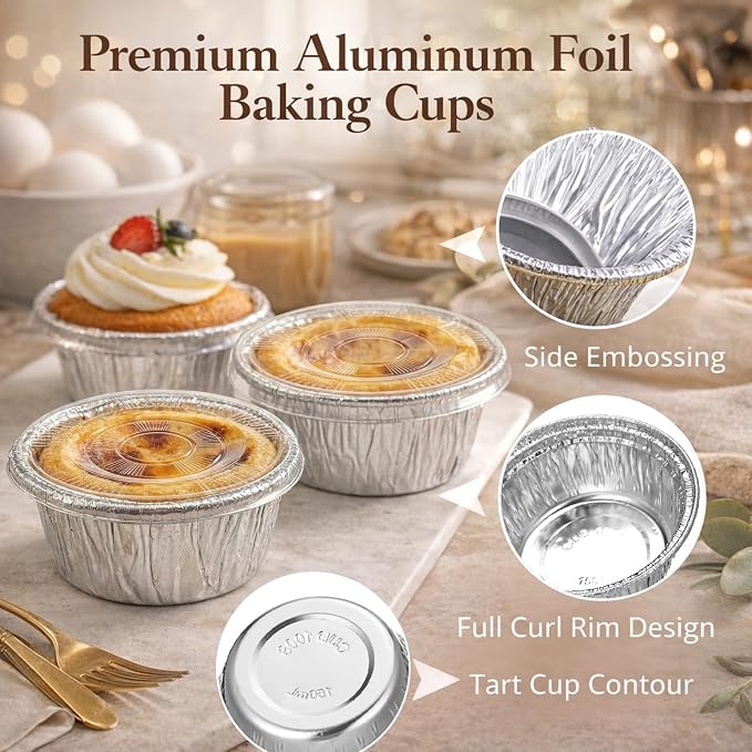 Domensi 100 Pcs 4'' Aluminum Pie Pans with Lids Bulks 5 oz Mini Disposable Pie Tins Round Foil Cup Ramekin Food Containers for Oven Cooking Takeout Storage Meal Prep Creme Brulee Cakes Sauces