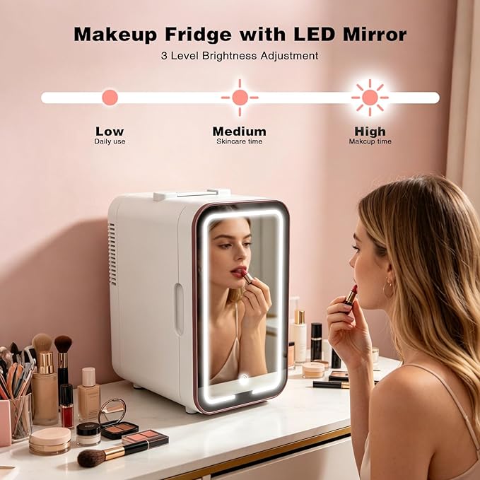 YLFU Mini Fridge for Bedroom, 6L Skincare Fridge with LED Mirror for Dorm & Office, Portable Cooler & Warmer Small Compact Refrigerator for Skincare, Makeup and Cosmetics