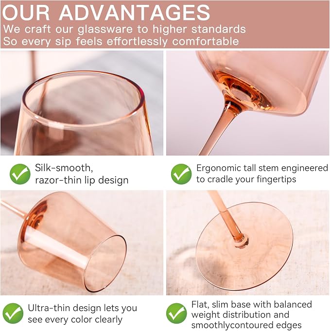 Brown Wine Glasses Set of 6-18oz【Original Hand Blown】 Colored Wine Glasses with Tall Long Stems and Flat Bottom, Amber Colored Glassware-Unique Gifts for Wine Lovers-Wedding Gifts