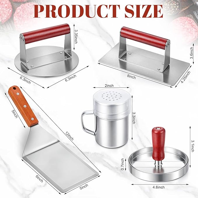 6 Pcs Smash Burger Press Kit 6.3" Round & 8" x 4.3" Rectangle Stainless Steel Meat Press Patty Maker Spatula Seasoning Shaker Patty Paper for Cookout, BBQ, Griddle, Grill(Reddish Brown)