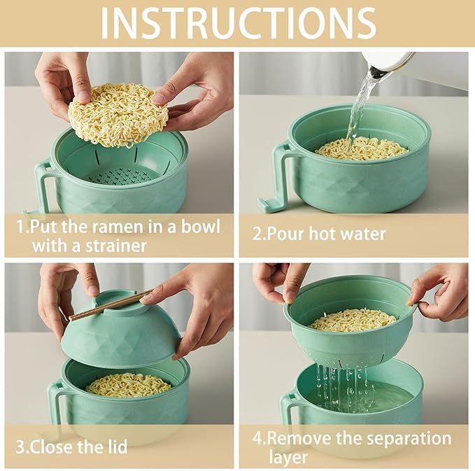 2 Sets Microwave Ramen Bowl 40 oz Wheat Fiber Portable Instant Noodle Cooker Bowl with Handles Strainer Spoon Chopstick Fork College Dorm Room Apartment Essentials(Green,Blue)