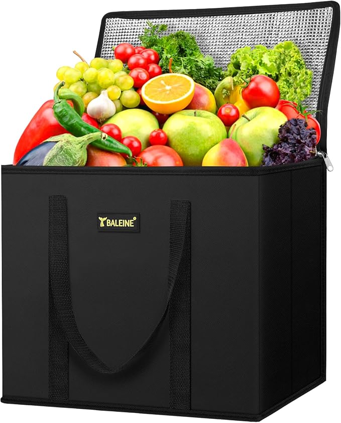 BALEINE 1Pk Insulated Reusable Grocery Bags, Foldable Shopping Bags for Groceries with Reinforced Bottom & Handles (Black)