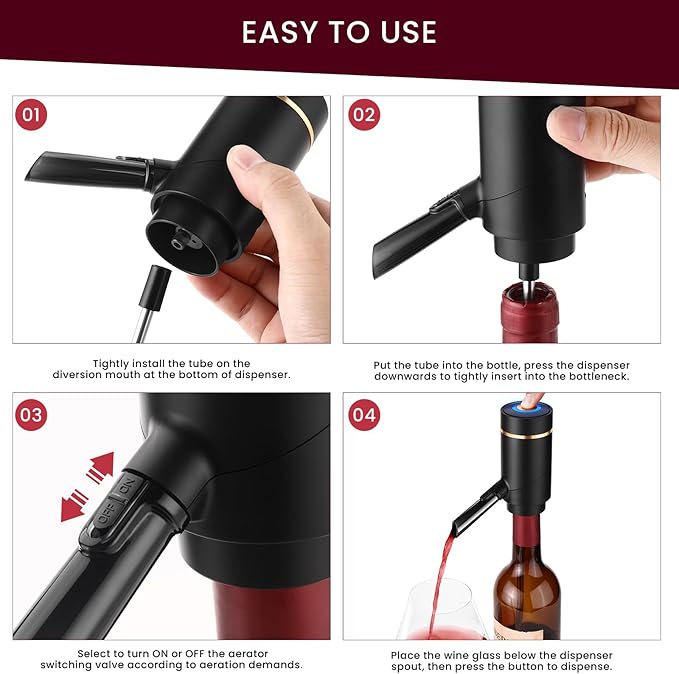 BLUBYEES 3-in-1 Electric Wine Aerator & Decanter Set with Stand Base - Automatic Pump Dispenser, Retractable Tube, and Built-in Pourer, Ideal Gift for Wine Lovers